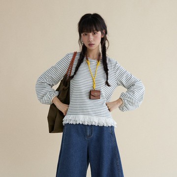 花邊拼接燈籠袖T恤|T恤|上衣|兩色|春款|Sora-1775