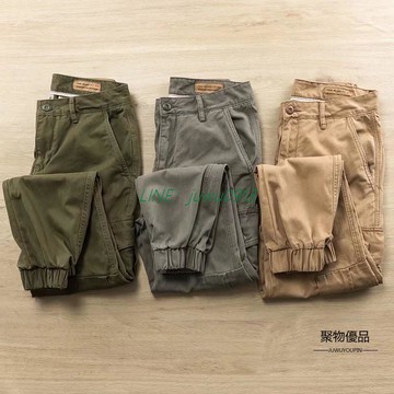 日系復古休閒潮流工裝褲做舊水洗純棉寬版直筒運動九分抽繩束腳褲【聚物優品】