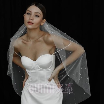 新娘復古珍珠頭紗手工釘珠結婚旅拍單層紗婚紗攝影跟妝造型頭飾