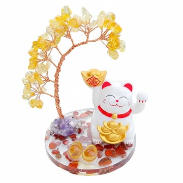 開運招財貓水晶樹  黃水晶貓貓旺旺旺翻天  13 x 8cm