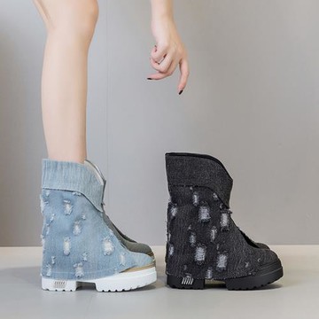歐美春秋圓頭拼接內增高牛仔布靴新款厚底破洞靴超高跟短筒靴子女