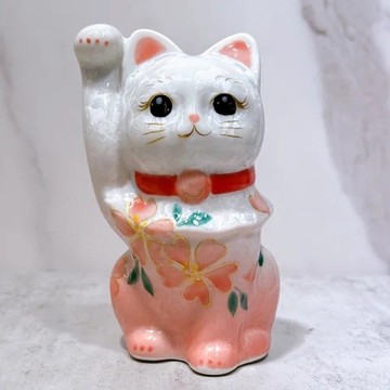 【福運花火】日本清水燒招財貓 | 花結晶 桃白 体花