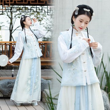 秋裝中國風復古對襟立領漢服女馬甲上襖齊腰下裙改良繡花裙子1入