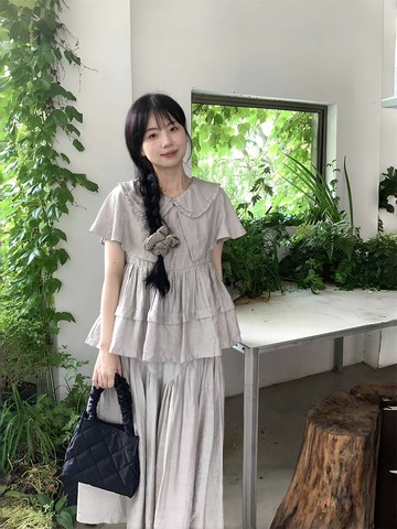 灰月光 氛圍感套裝 夏季 荷葉袖短袖襯衫半身裙