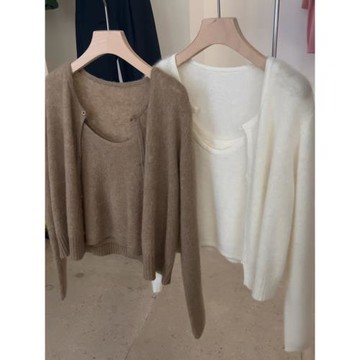 【現貨】秋季小香風修身短款針織套裝女長袖開衫外套小背心兩件套