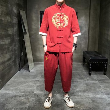 漢服男夏季中國風亞麻套裝復古風道袍古裝刺繡青年大碼短袖唐裝潮