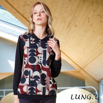 林佳樺LUNG.L 藍色幾何印花長版長袖女裝上衣 LU08A