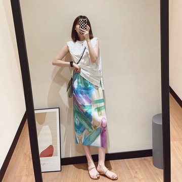 【WYZ】2026新款清新水墨印花 設計感褶皺半裙 鬆緊顯瘦直筒開叉高腰半身