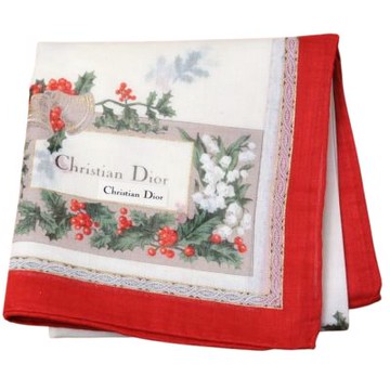 Christian DIOR 冬青鈴蘭花卉紋字母LOGO圖騰帕領巾(米色底/紅邊/48CM)