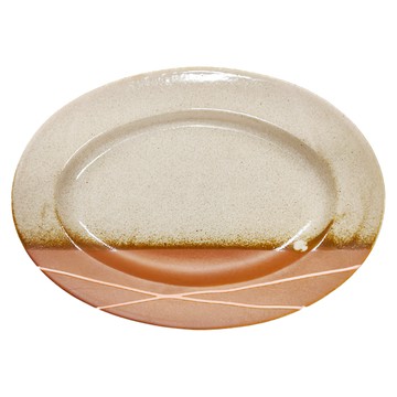 佐和陶瓷 橢圓皿 耐熱陶瓷餐盤  27.5cm  橘釉雙線 橘色 + 米色  1個