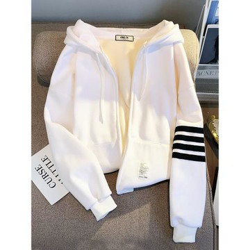 春秋白色連帽外套女小個子2026早春新款寬松中長款慵懶風薄款開衫