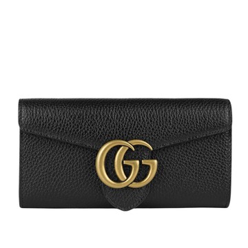 GUCCI Marmont 金色標誌粒紋皮革釦式二折長夾(黑色)