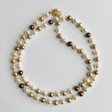 玻璃珍珠混色歌劇風項鍊／8mm約80cm／棕色x米色混搭／金色／日本製
