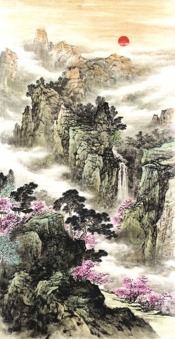 仿古畫 復制 日出東方 山水畫 50X96 畫心 宣紙 現代裝飾畫