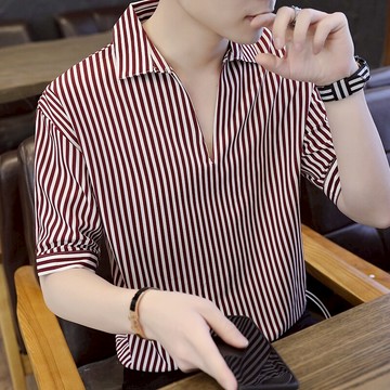 襯衫男中袖春夏季豎條紋顯瘦潮牌寬松V領打底衫個性休閑寸衫