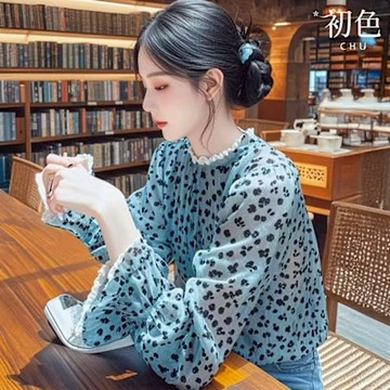 初色 法式甜美碎花泡泡袖圓領長袖襯衫上衣女上衣-花色-10221(M-XL可選)