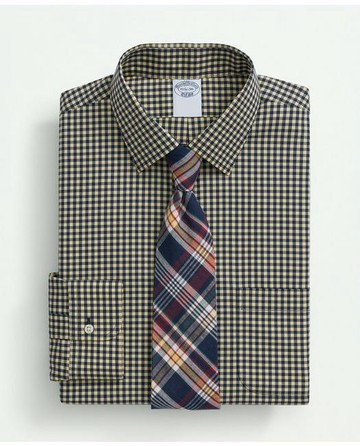 Brooks Brothers Men's Stretch Supima Cotton Non-Iron Pinpoint Oxford Ainsley Collar, Gingham Dress Shirt | Yellow | Size 17 34