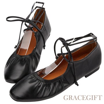 【Grace Gift】法式交叉綁帶蝴蝶結平底瑪莉珍鞋 黑