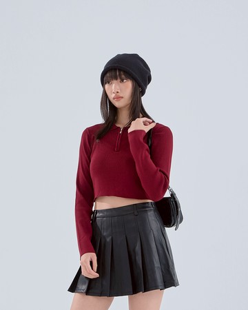 半門襟合身剪裁針織上衣-紅 S/M