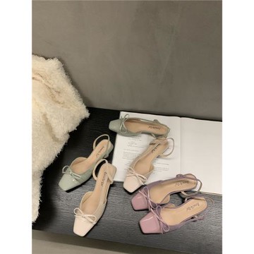 小香風粗跟紫色包頭涼鞋女鞋子2025年新款夏季溫柔蝴蝶結方頭單鞋