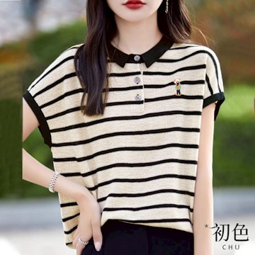 初色 韓版條紋撞色冰絲輕薄短袖針織衫上衣女上衣-黑白條紋-10883(F可選)