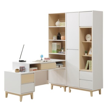 直人木業-NINA北歐簡約風可調整L型書桌書櫃組121-185公分(一個書櫃79公分+一個L型可調整書桌組)