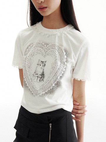 Caring Kitten T-shirt 愛心組成的小貓蕾絲短袖T恤
