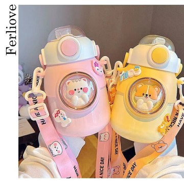 Ferliove 700ML大容量卡通小貓咪保溫杯 中秋禮物開學必備水壺便捷揹帶吸管杯胖胖保溫水杯 情侶禮物