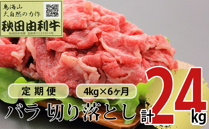 《定期便》6ヶ月連続 秋田由利牛 バラ切り落とし 4kg（1kg×4パック）