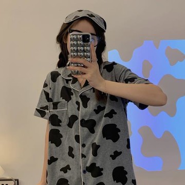 韓國ins灰色奶牛短袖短褲睡衣女夏季薄款全棉夏天兩件套家居服男