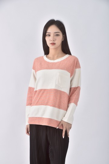 (L) cantwo質感棉質條紋橘色長袖上衣