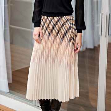 ILEY伊蕾 菱格格紋漸層壓摺長裙(杏色；M-XL)1233072214