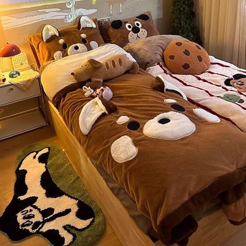 美拉德小熊貓卡通兔兔絨四件套秋冬季加厚床單珊瑚絨被套三件套