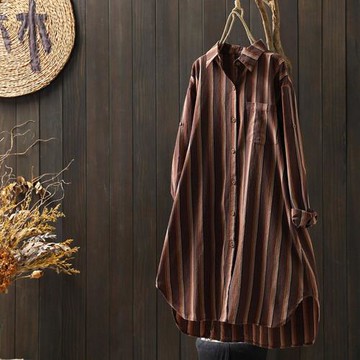 【ACheter】棉麻豎條紋長袖襯衫春夏復古文藝寬鬆休閒百搭長版外罩防曬空調襯衫上衣 # 116568