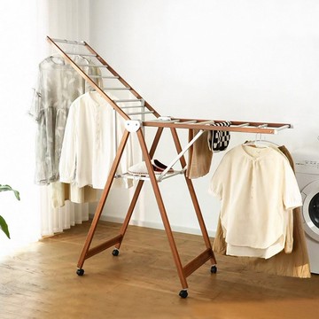 日本霜山 木質風鋁合金落地型折疊晾曬架(萬向輪)-L