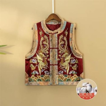 新中式復古國風加棉加厚冬季馬甲寬松圓領重工刺繡保暖上衣馬夾女