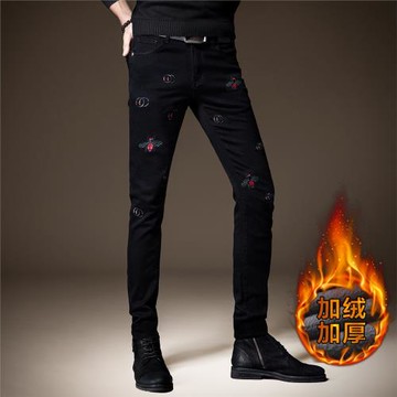 貴色秋季高端秋季小蜜蜂刺繡牛仔褲男黑色潮流休閑修身小腳褲子男