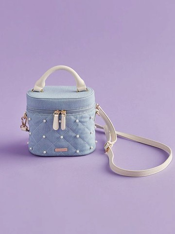 經典丹寧布珍珠配飾手提盒造型側背包(08000287500) - Maison de FLEUR