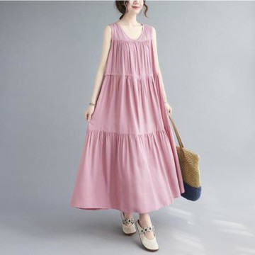 寬松大擺裙亞麻連衣裙胖妹妹夏季大碼女裝休閑氣質棉麻吊帶長裙子