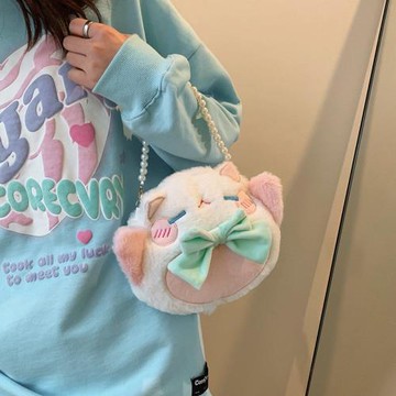 可愛毛絨玩偶JK包包Lolita斜跨手提包卡通招財貓珍珠鏈單肩包女孩