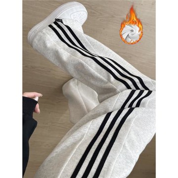 條紋運動褲女2025新款秋冬加絨闊腿直筒休閑小個子初中生寬松衛褲