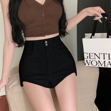 La Belleza時尚韓版高腰單釦彈性牛仔短褲辣妹風合身顯瘦超短熱褲M~XL