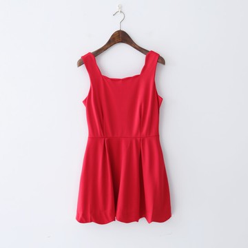 春季新款女裝時尚純色方領波浪邊連衣裙高腰修身無袖背心裙