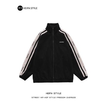 美式潮牌條紋復古麂皮絨開衫立領外套男學院風運動休閑情侶夾克春