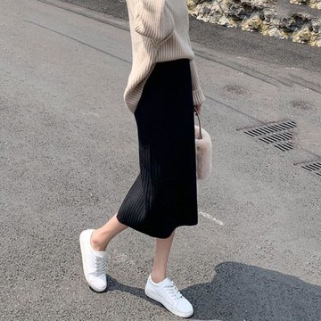 黑色針織半身裙女秋冬深圳歐貨小個子配毛衣包臀裙一步裙褶皺長裙
