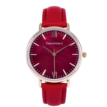 Venus 天然母貝紋石真皮腕錶 [小錶面] 母貝紅-真皮紅