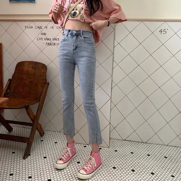 2026年初秋新款彈力牛仔褲女九分水洗高腰直筒淺色磨破開叉直管褲