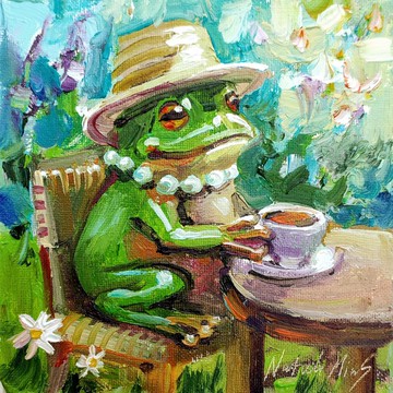 花園裡的青蛙茶時光 – 奇幻鄉村小屋風格油畫 可愛藝術品