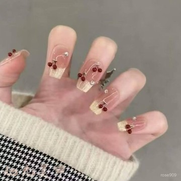 🤩千指百繪🤩純手工顯白高級感爆閃金色貓眼美甲穿戴甲立體櫻桃顯白短款美甲貼美甲師千指 2CQ8