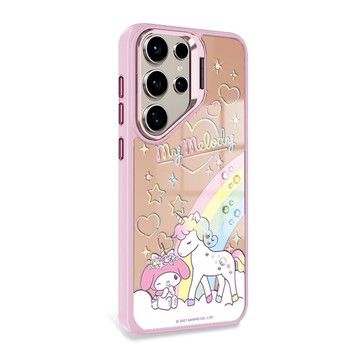 S25/S24/S23 軍規防摔合金框隱形立架鏡面彩鑽殼-彩虹美樂蒂-粉框